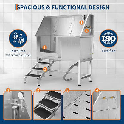 50" Stainless Steel Professional Dog Washing Station - Pet Bathing Tub w/Non-Slip Stairs | Slip-Resistant Floor Grate | for Large/Medium/Small Dogs