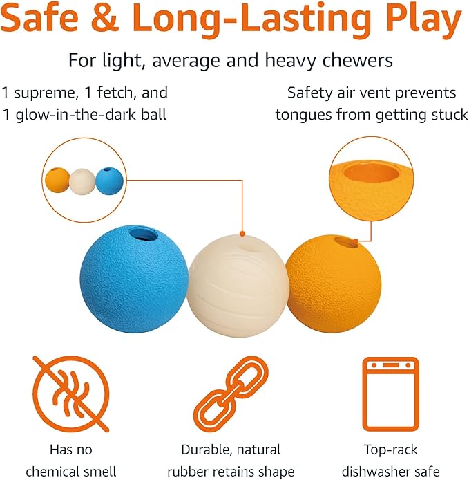 Amazon Basics Dog Toys, Interactive Assorted Rubber Balls, (Pack of 3), 2.5 inch, Blue, Beige, Orange