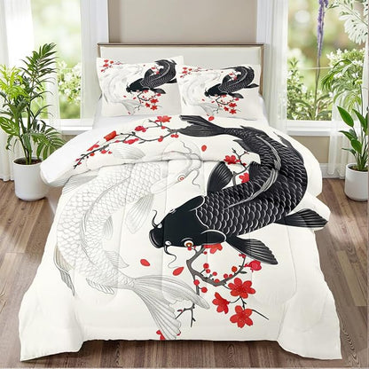 Japanese Bedding Twin Size Asian Oriental Comforter Black White Fish Bed Set Red Cherry Blossom Comforters Vintage Bedroom Decor Floral Bedding Set for Women Men Teen