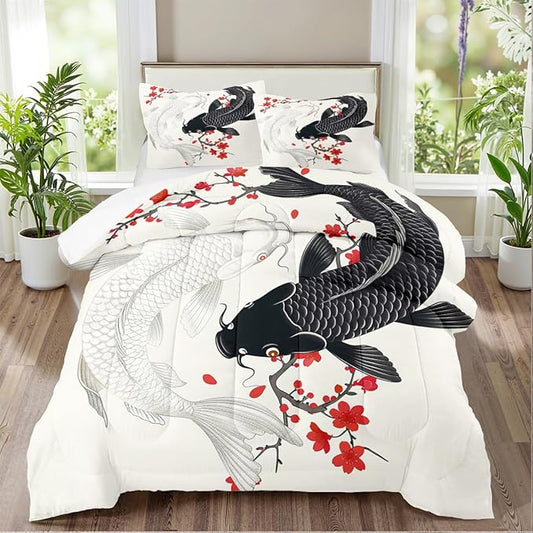 Japanese Bedding Twin Size Asian Oriental Comforter Black White Fish Bed Set Red Cherry Blossom Comforters Vintage Bedroom Decor Floral Bedding Set for Women Men Teen