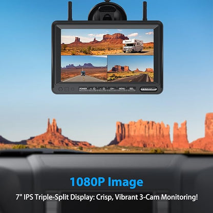 3-Camera Wireless RV Backup Camera System with 7-Inch Monitor, 1 Rear Sharkfin, 2 Side Cameras, DVR Monitor & IR Night Vision, IP69K Waterproof, Compatible with Furrion Pre-Wired RV Trailer