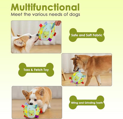 Dog Squeaky Plush Toy with Straps, 6-Inch Soft Stuffed Ball with Cotton Material and Bell Built-in, Pet Interactive Fetch Toy for Small to Large Dog