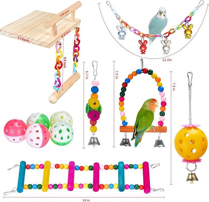 11Pcs Bird Parakeet Toys Wooden Bird Platform Stands Swing Hanging Chewing Toy Parrot Climbing Ladder Colorful Bird Cage Toys for Parakeet, Conure, Cockatiel, Love Birds, Finches