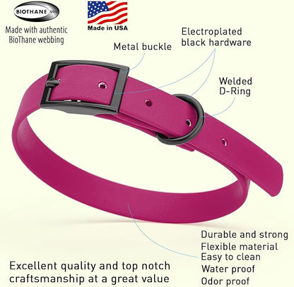 Dogline Biothane Waterproof Dog Collar Strong Coated Nylon Webbing with Black Hardware Odor- Proof for Easy Care Easy to Clean High Performance Fits Small Medium or Large Dogs, Magenta Pink