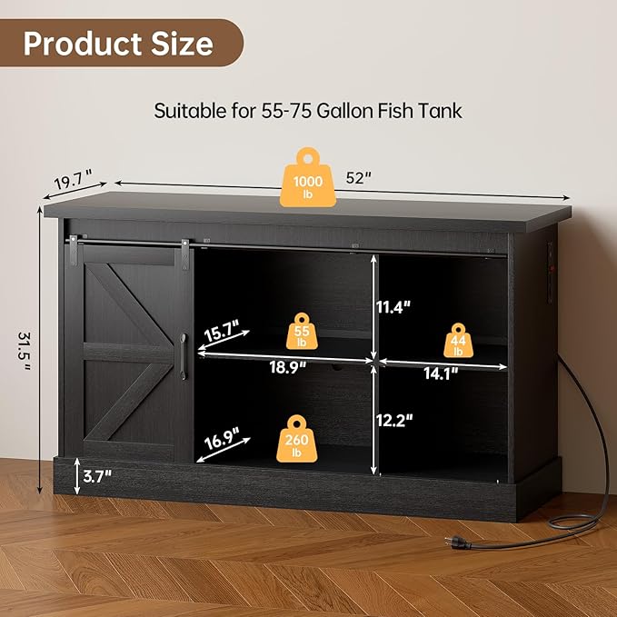 55-75 Gallon Fish Tank Stand with Sliding Barn Doors & Power Outlet, Heavy Duty Aquarium Stand with Cabinet Storage for Fish Tank, Turtle Tank, Reptile Terrarium, 1000LBS Capacity, Black