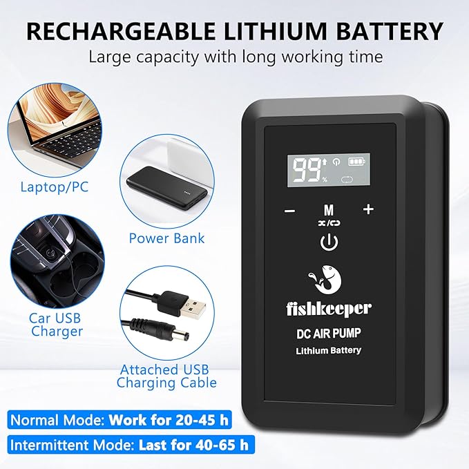 fishkeeper Rechargeable Aquarium Air Pump, 8W 130GPH Ultra Quiet Fish Tank Air Pump for 10-120 Gallon Tanks Adjustable Oxygen Aerator Pump for Outdoor-Fishing, Power Outages and Emergency