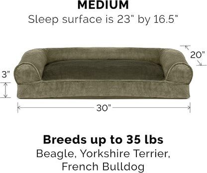 Furhaven Pillow Dog Bed for Medium/Small Dogs w/ Removable Bolsters & Washable Cover - Faux Fur & Velvet Sofa - Dark Sage, Medium