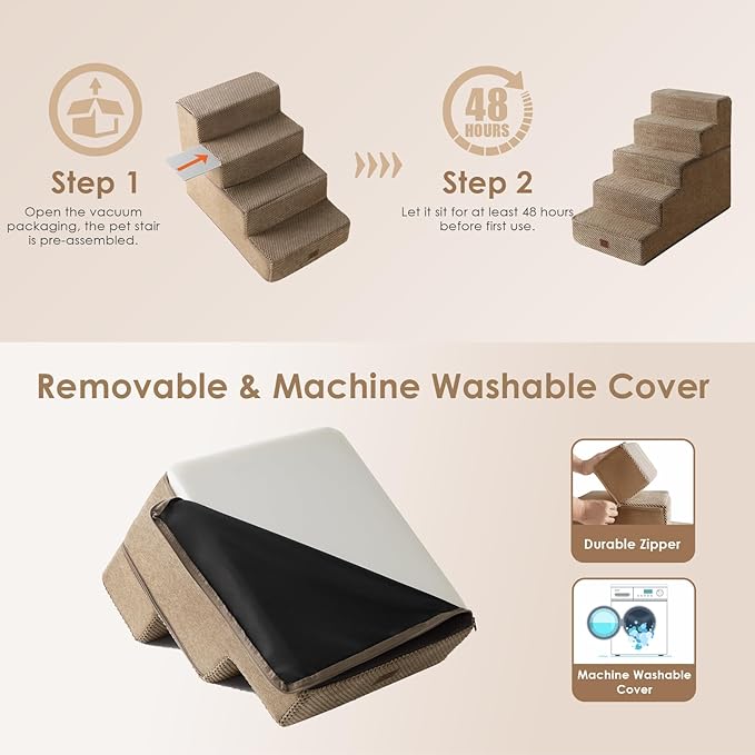 EHEYCIGA Dog Stairs for High Bed 22.5" H, 5-Step Dog Steps for Bed, Pet Steps for Small Dogs and Cats, Non-Slip Balanced Pet Ramp Indoor, Camel