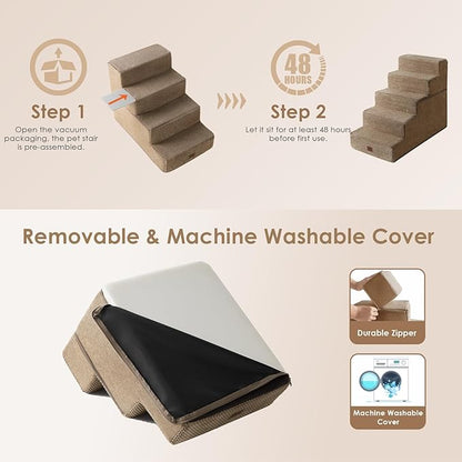 EHEYCIGA Dog Stairs for High Bed 22.5" H, 5-Step Dog Steps for Bed, Pet Steps for Small Dogs and Cats, Non-Slip Balanced Pet Ramp Indoor, Camel
