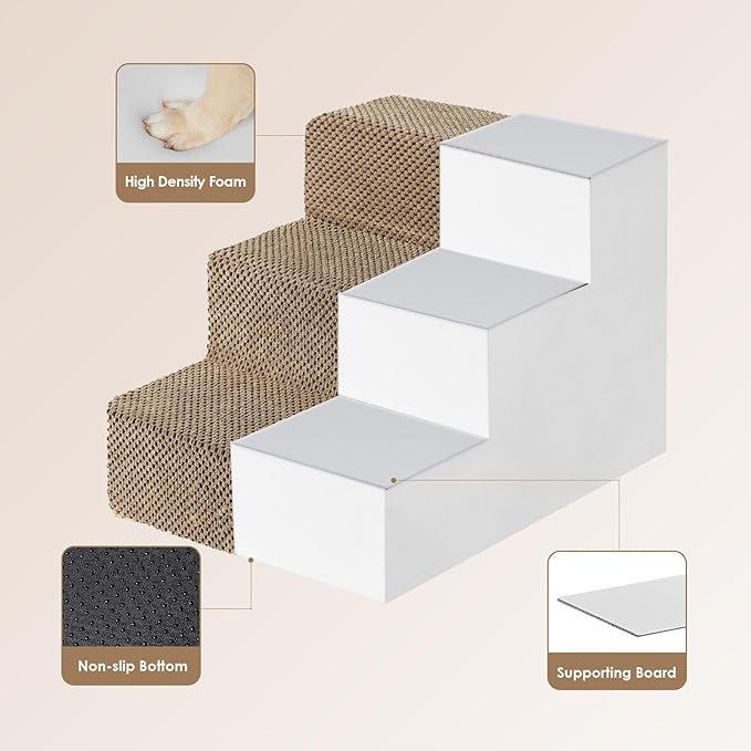 EHEYCIGA Dog Stairs for Small Dogs 13.5" H, 3-Step Dog Steps for Couch Sofa and Chair, Pet Steps for Medium Cats, Non-Slip Balanced Pet Ramp Indoor, Camel