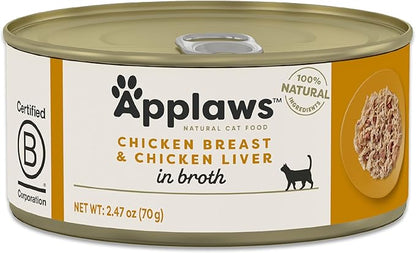 Applaws Natural Wet Cat Food in Broth, Limited Ingredient Canned Wet Cat Food, No Additives, Made with Natural Ingredients, Chicken Breast & Liver in Broth (24 x 2.47oz Cans)