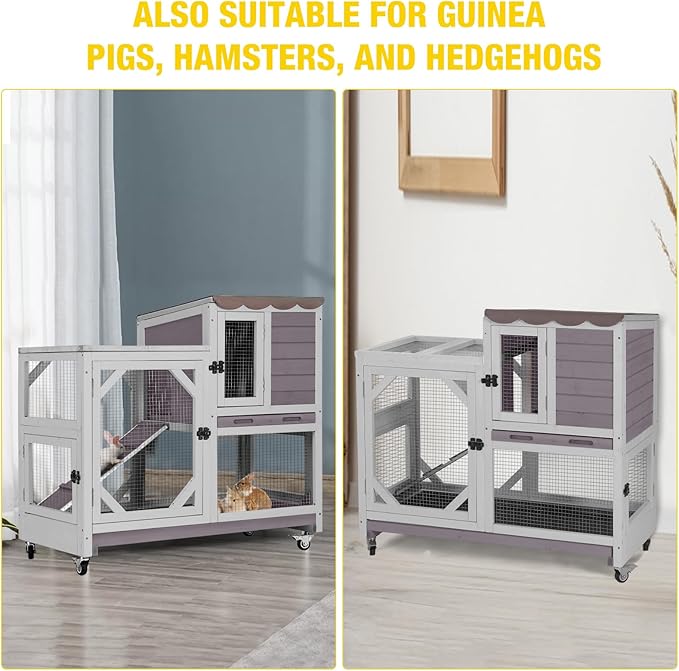 AIVITUVIN 2-Story Rabbit Hutch Indoor for 2-4 Rabbits & Guinea Pigs Wooden Small Animal Cage Guinea with Chew-Proof Design & Slide-Out Trays Bunny Cage with Lockable Wheels
