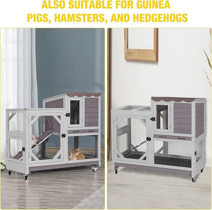 AIVITUVIN 2-Story Rabbit Hutch Indoor for 2-4 Rabbits & Guinea Pigs Wooden Small Animal Cage Guinea with Chew-Proof Design & Slide-Out Trays Bunny Cage with Lockable Wheels