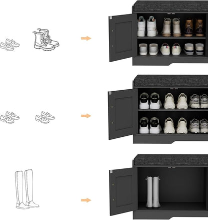 2-Tier Storage Bench, Shoe Bench with Thickened Padded Seat Cushion, Entryway Bench with 4 Doors, Adjustable Shelf, 13.8" D x 45.3" W x 18.5" H, for Entryway, Living Room, Bedroom, Black