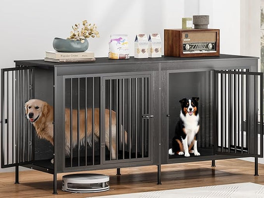 78 Inch Dog Cage Furniture for 2 Large/Medium Dogs with Removable Divider, Extra Large Double Doors Dog Kennel, XXL Thick Wooden Dog cage Furniture, Durable and Sturdy, Dark Grey
