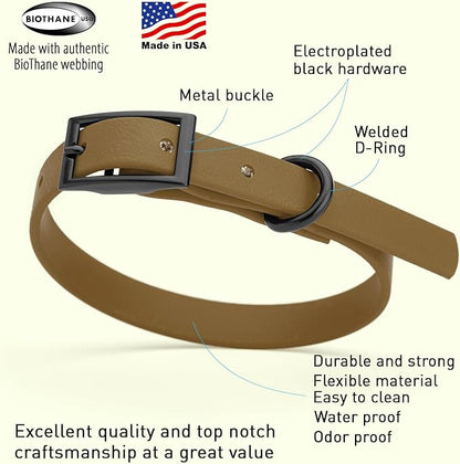 Dogline Biothane Waterproof Dog Collar Strong Coated Nylon Webbing with Black Hardware Odor- Proof for Easy Care Easy to Clean High Performance Fits Small Medium or Large Dogs, Coyote Brown