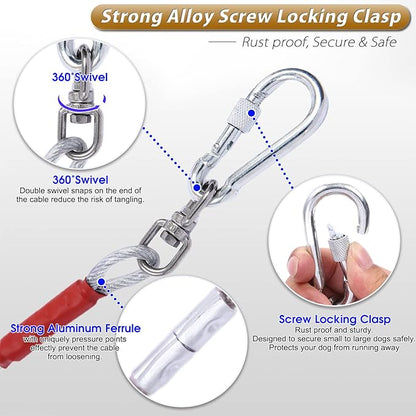 Dog Tie Out Cable for Dogs Outside Up to 125/250lbs,10/20/30/50FT Long Dog Leash&Chains,Small-Large Dogs Runner Cable for Yard,Heavy Duty Lead Line for Outdoor,Camping,Yard(250lbs 50FT, Silver)