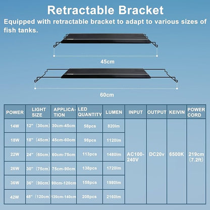 24/7 LED Aquarium Light, IP68 Waterproof Extendable Bracket Fish Tank Light with Timer, 7 Colors, 10 Level Adjustable Brightness, DIY Mode Full Spectrum Aquarium Plant Light for 18-24 Inch Fish Tank