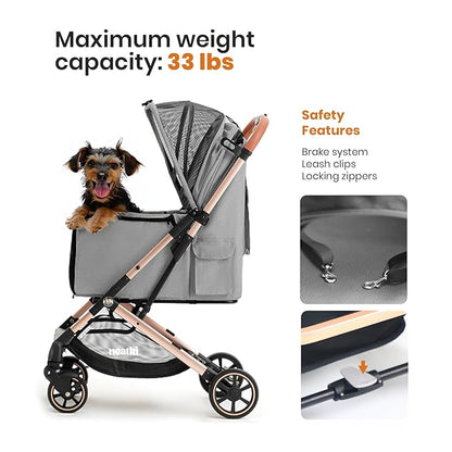 Foldable Pet Stroller for Dogs and Cats, 33 lbs Capacity, 360° Swivel Front Wheels, One-Click Fold, Brake System, Leash & Lock Clips, Removable Washable Padding, and Cup Holder (Gray, 33 lbs)