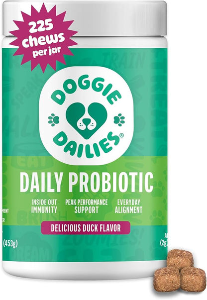 Doggie Dailies Probiotics for Dogs, Advanced Probiotics with Prebiotics, Promotes Digestive Health, Supports Immune System & Overall Health, Duck Flavor, 225 Chews