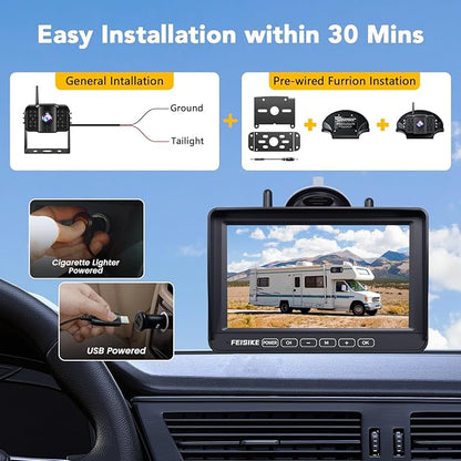 Dual RV Backup Camera Wireless with 7" 1080P Monitor, for Furrion Pre-Wired RVs, 4-Channel Split Screen System, Loop Recording, IR Night Vision, Wide Rear View Camera for Truck, Trailer, Camper