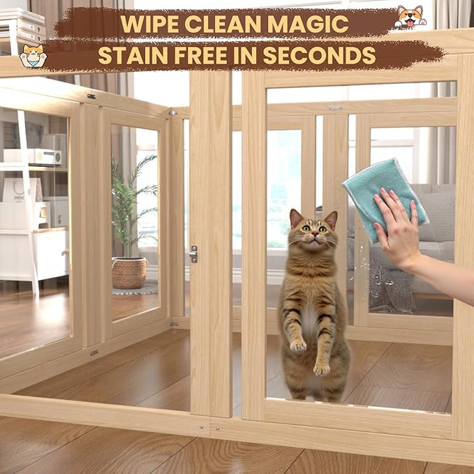 10 Panels Dog Playpen with Door, 23.6" H Pet Playpen Indoor, Clear Acrylic Puppy Playpens, Wooden Puppy Fence with Gate, Transparent Dog Pens, Pet Pen Indoor for Dogs, Cats, Rabbit (Wood)