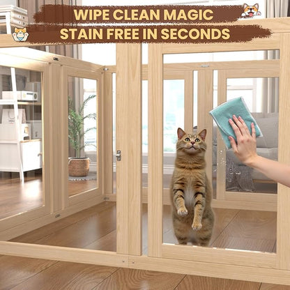 10 Panels Dog Playpen with Door, 23.6" H Pet Playpen Indoor, Clear Acrylic Puppy Playpens, Wooden Puppy Fence with Gate, Transparent Dog Pens, Pet Pen Indoor for Dogs, Cats, Rabbit (Wood)