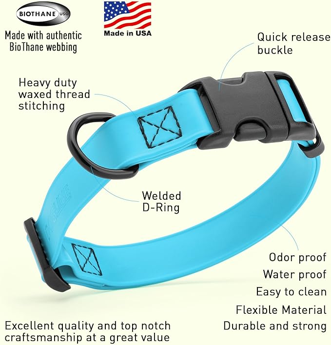 Dogline Biothane Waterproof Dog Collar with Quick Release Buckle Strong Coated Nylon Webbing with Odor- Proof for Easy Care Easy to Clean Fits Small Medium Large Dogs, Cyan Blue 5/8" W 9-14" L