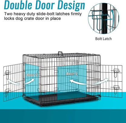 FDW Dog Crate for Small Dogs 24 Inch Folding Metal WirePet Cage Double Door W/Divider Panel Indoor Outdoor Kennel Leak-Proof Plastic Tray,Black