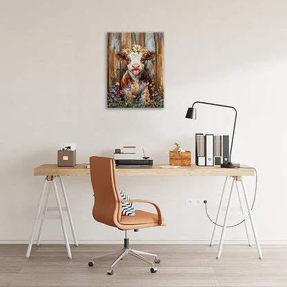 Funny Cow Bathroom Pictures Wall Art, Rustic Brown Cute Cow Bathroom Wall Decor, Farmhouse Floral Framed Painting Animal Flower Canvas Artwork for Bedroom Living Room Decorations 20"L x 16"W