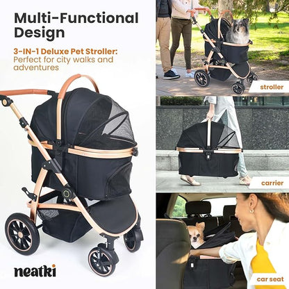 3 in 1 Pet Stroller - Stroller for Small to Medium Dogs and Cats up to 55 lbs, with Detachable Carrier/Car Seat, Foldable and Lightweight, Detachable Cushion + Cup Holder (Black/Gold)
