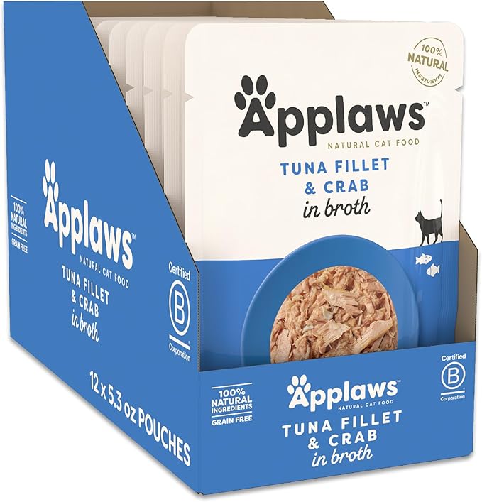 Applaws Natural Wet Cat Food in Broth, Limited Ingredient Wet Cat Food Pouches, No Additives, Made with Natural Ingredients, Tuna Fillet with Crab in Broth (12 x 5.3oz Pouches)