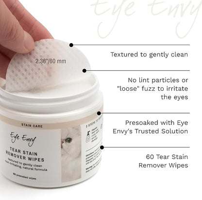 Eye Envy Tear Stain Wipes for Cats. Textured to Gently Clean, Treats The Cause of Staining. 100% Natural Formula. Recommended by Persian & Exotic Breeders, Vets, Groomers. USA Made. 60 Cat Eye Wipes