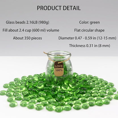 2.16LB Glass Beads Vase Filler Aquarium Gravel Decor Flat Glass Marbles Gems Pebbles Fish Tank Rocks Home Decorative Art Craft - Green