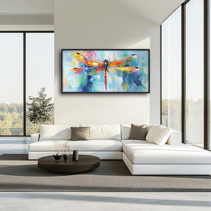 Extra Large Abstract Dragonfly Framed Wall Art for Living Room,Oversized Colorful Dragonfly Pictures Wall Decor,Teal Canvas Print Painting Modern Artwork Bedroom Office Bathroom 60L" x 30W"