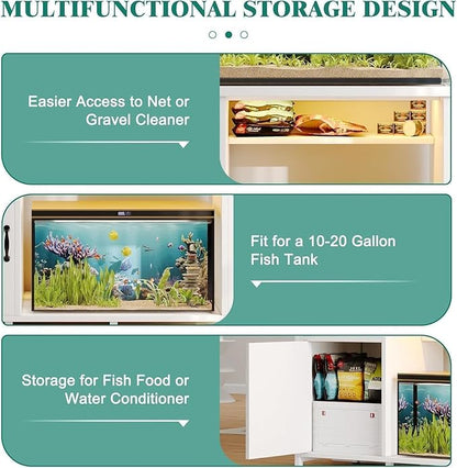 55 Gallon Fish Tank Stand with LED Light & Power Outlets, 55-75 Gallon Aquarium Stand with Drawer & Barn Door, 50" L x 20" W Cabinet for 2 Fish Tank Accessories Storage, Turtle Tank, Antique White