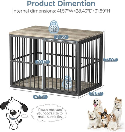 43'' Dog Crate Furniture with 3 Doors, XL Wooden Crate End Table, Heavy Duty Indoor Puppy Cage Kennel for Medium to Large Dogs, Multiple Units Can be Combined