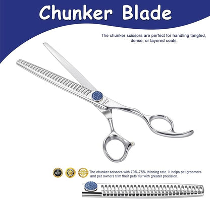 7.5'' Dog Grooming Scissors CNC 440C Blades Sharp and Durable Polished Chunker Dog Shears with Blue Diamond Adustable Screws Easy to Use for Groomer and Home User
