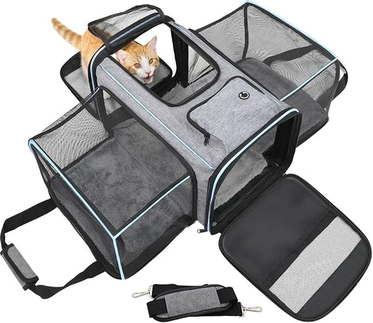 Expandable Travel Pet Bag, Scratch-Resistant Breathable Mesh, Crossbody&Tote Design, Durable&Spacious, Pet Carrier with High-Visibility Windows, Easy-Cleaning Fabric, Removable Soft Pad&Shoulder Strap