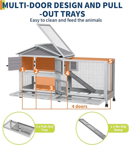 2-Tier Rabbit & Chicken House Mobile,Wooden Chicken Coop & Bunny Cage with Non-Slip Ramp, 4 Doors,Waterproof Roof & Pull-Out Tray,Outdoor/Indoor Pet Cage Movable