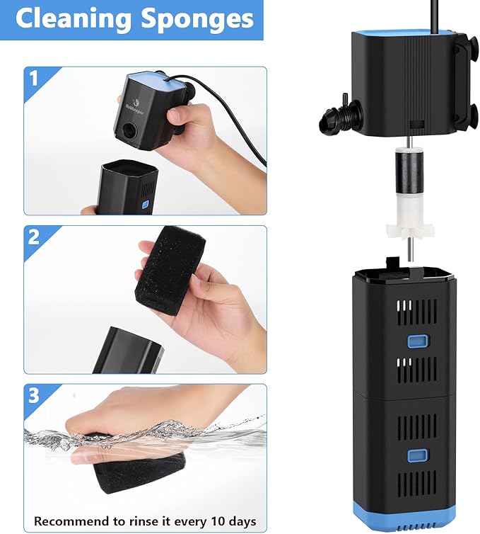 Aquarium Filter for 10-50 Gallon Tank,132GPH Fish Tank Filter 6W Green Clean Machine Submersible Pump Filter for Green Water and Algae Clean,Submersible Internal Filter for Saltwater Freshwater