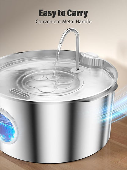 3.4Gal Dog Water Fountain for Large Dogs, Extra Large Stainless Steel Pet Water Fountain, Round Dog Water Bowl Dispenser with Metal Handle, Water Level Window, Supet Quiet Pump for Multi Pet Home