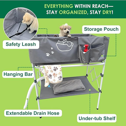 Elevated Dog Bathtub, Portable Dog Washing Station for Home with Towel Bar & Storage, Folding Pet Bath Tub for Small & Medium Dogs
