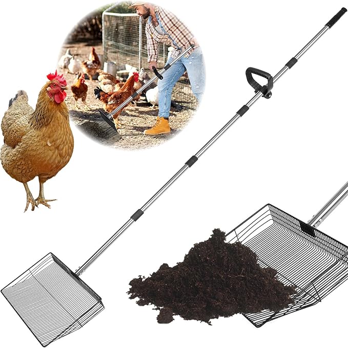 15 inch Large Chicken Poop Scooper with Ergonomic Grip, 6 in 1 Detachable Chicken Scooper for Poop Shovel (20 to 79"), Stainless Steel Sifting Shovel for Chicken Coop/Goat Stall/Stable Cleaning Tool