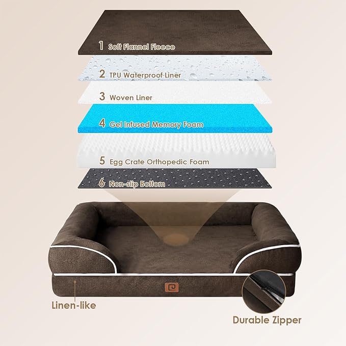 EHEYCIGA Orthopedic Dog Beds for Extra Large Dogs, Waterproof Memory Foam XL Dog Bed with Sides, Non-Slip Bottom and Egg-Crate Foam Big Pet Couch Bed with Washable Removable Cover, Brown