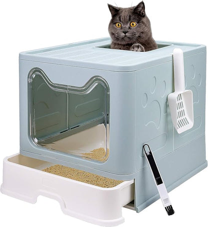 Foldable Cat Litter Box with Lid, Enclosed Potty, Large Top Entry Anti-Splashing Toilet, Easy to Clean Including Litter Scoop and 2-in-1 Cleaning Brush (Blue)