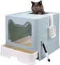 Foldable Cat Litter Box with Lid, Enclosed Potty, Large Top Entry Anti-Splashing Toilet, Easy to Clean Including Litter Scoop and 2-in-1 Cleaning Brush (Blue)