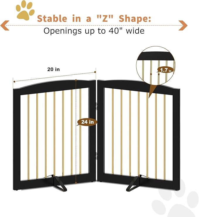 Freestanding Pet Gate for Dogs, Foldable Wooden Dog Gate for House, Stairs, Doorways, Step Over Pet Puppy Safety Fence,Support Feet Included,24" Height 2 Panels, Black&Gold