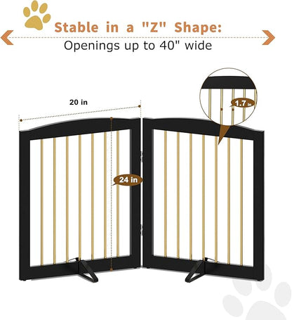 Freestanding Pet Gate for Dogs, Foldable Wooden Dog Gate for House, Stairs, Doorways, Step Over Pet Puppy Safety Fence,Support Feet Included,24" Height 2 Panels, Black&Gold