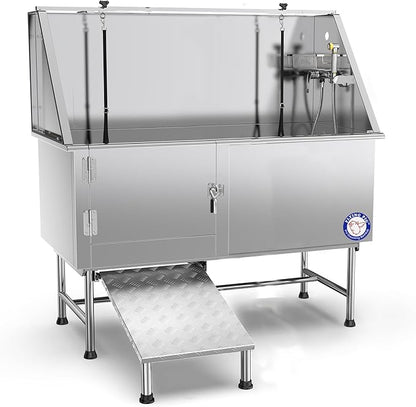 Flying Pig 62" Stainless Steel Pet Dog Grooming Bath Tub with Walk-in Ramp & Accessories (Left Door/Right Drain)